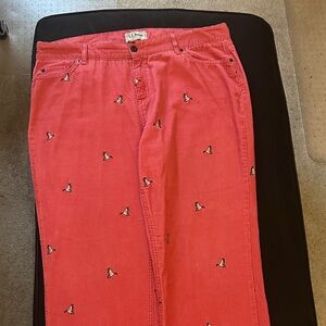 L.L. Bean Women's Red Straight Leg Pants with Bird Embroidery